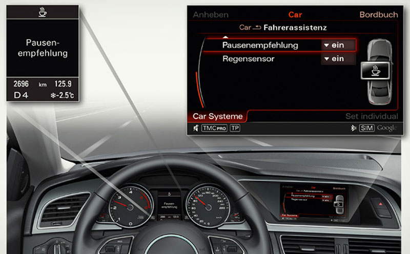 Audi A5. Бесполезная на некоторых машинах система слежения за усталостью водителя на А5 не просто анализирует его поведение в текущий момент, но и сравнивает с ранее запомненными данными
