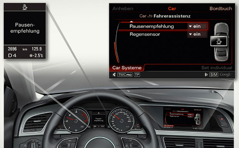 Audi A5. Бесполезная на некоторых машинах система слежения за усталостью водителя на А5 не просто анализирует его поведение в текущий момент, но и сравнивает с ранее запомненными данными Audi A5. Бесполезная на некоторых машинах система слежения за усталостью водителя на А5 не просто анализирует его поведение в текущий момент, но и сравнивает с ранее запомненными данными